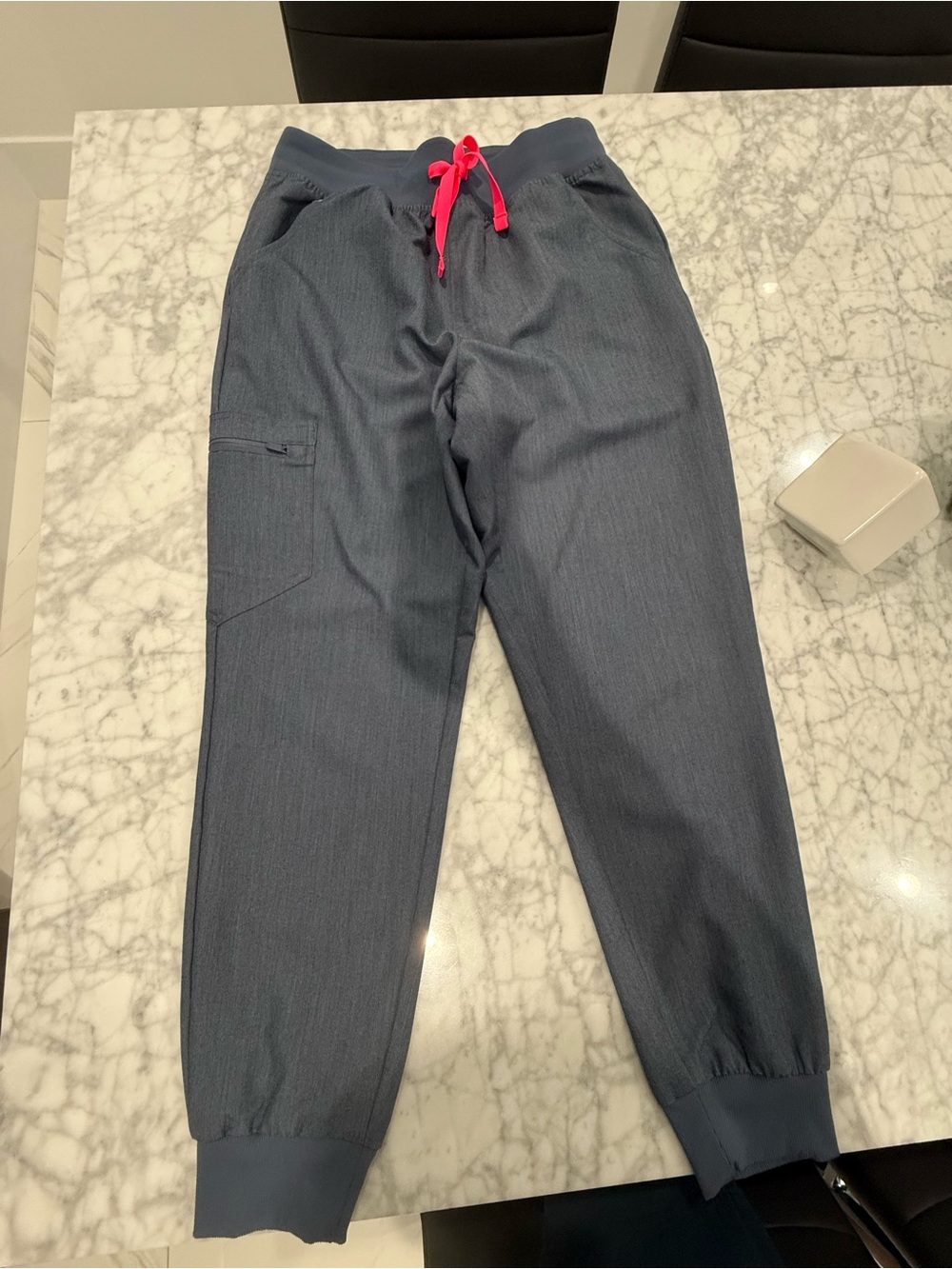 Small, petite FIGS, heather denim color, Zamora high waisted